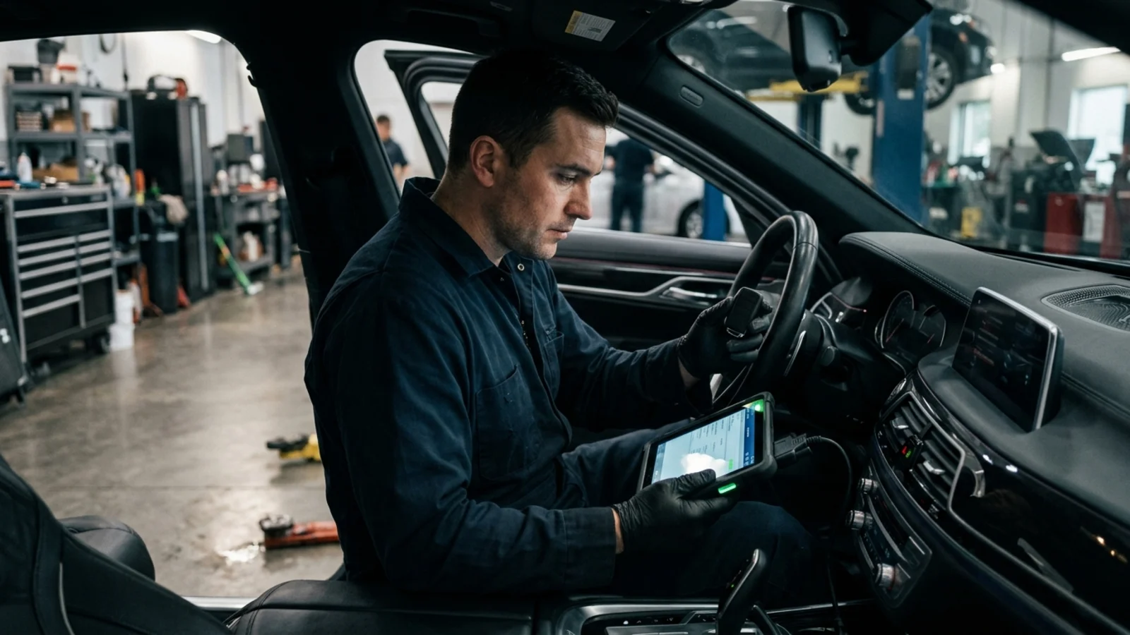 Technician programming a smart key to a vehicle using a diagnostic tool in Mississauga