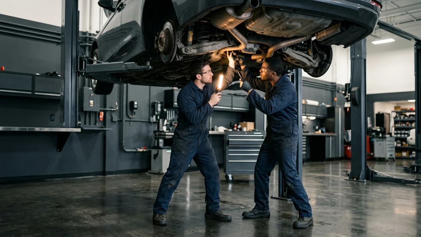 Technician inspecting the underside of a used car during a pre-purchase inspection in Mississauga