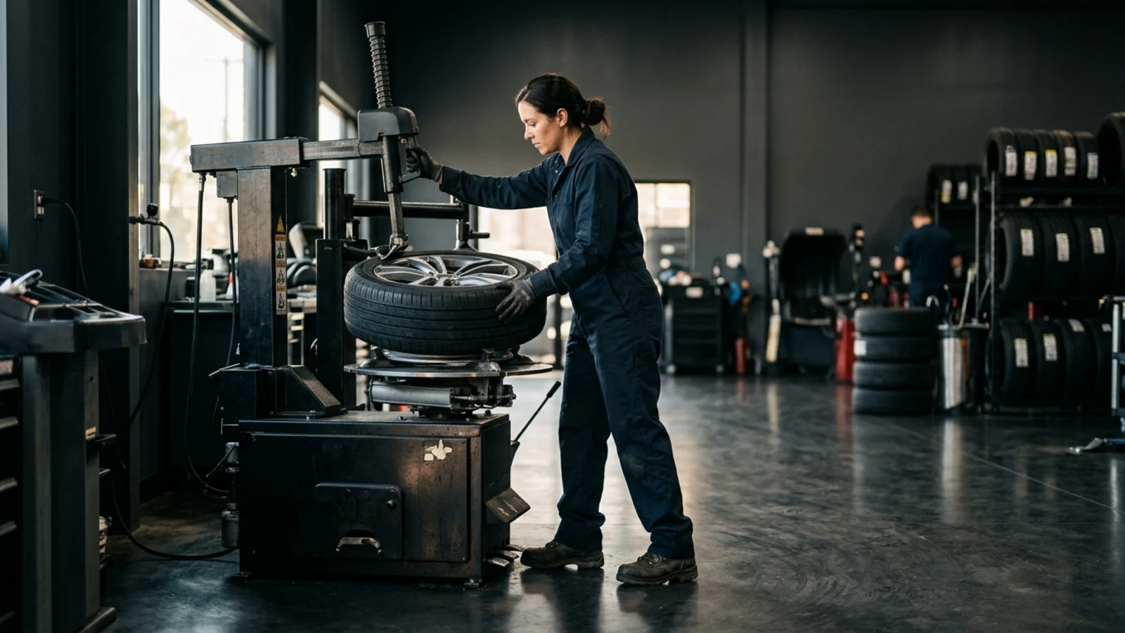 Technician mounting and balancing a tire at FastLane Mechanics in Mississauga