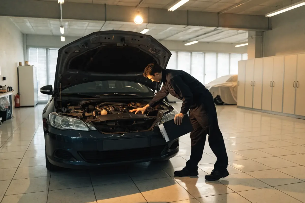 Car maintenance schedule: a mechanic performing a multi point inspection in a Mississauga workshop