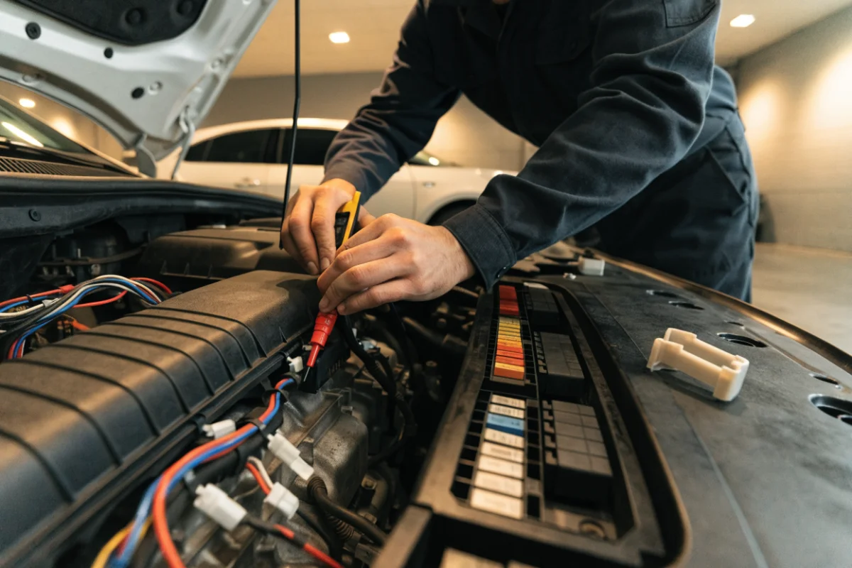 Common car electrical problems: a mechanic testing car wiring with a multimeter in a Mississauga workshop