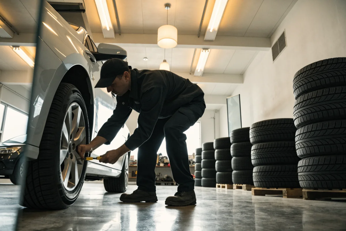 How long do winter tires last: a mechanic measuring winter tire tread depth in a Mississauga workshop
