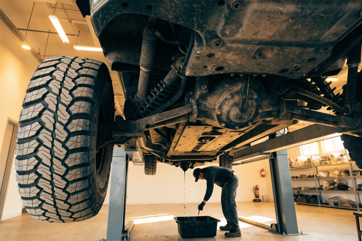 Jeep 4x4 maintenance: a mechanic draining differential fluid from a 4x4 vehicle in a Mississauga workshop