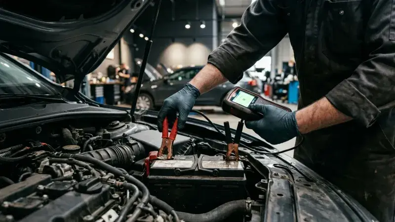 Technician testing a vehicle battery and charging system at FastLane Mechanics in Mississauga