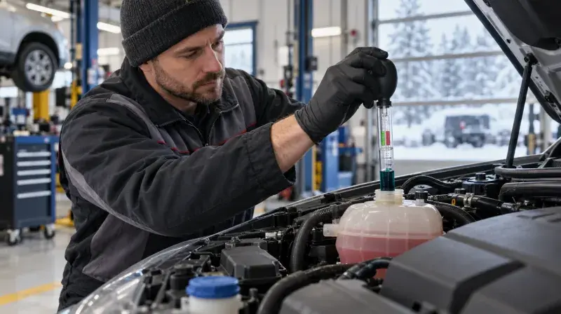 Mechanic testing engine coolant in a car's coolant reservoir at a Mississauga workshop in winter