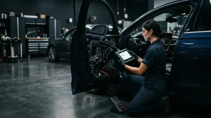 Technician using a diagnostic scan tool on a vehicle electrical system at FastLane Mechanics in Mississauga