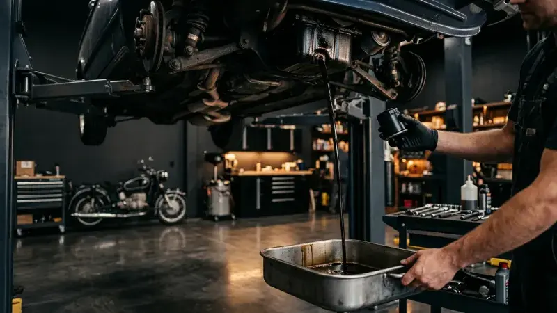 Technician draining engine oil during an engine flush service at FastLane Mechanics in Mississauga