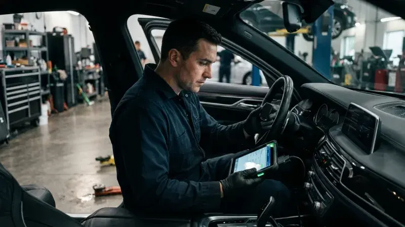 Technician programming a smart key to a vehicle using a diagnostic tool in Mississauga