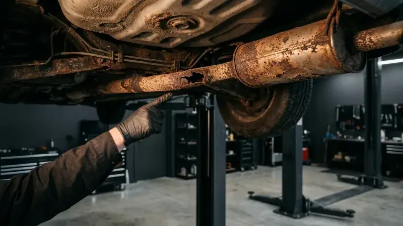 Technician inspecting a corroded exhaust system on a hoist at FastLane Mechanics in Mississauga