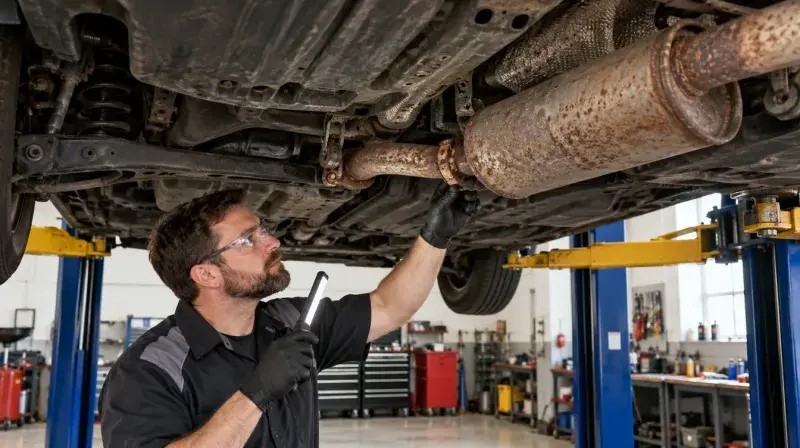 Mechanic inspecting a rusted muffler and exhaust pipe on a car lifted on a hoist in a Mississauga workshop