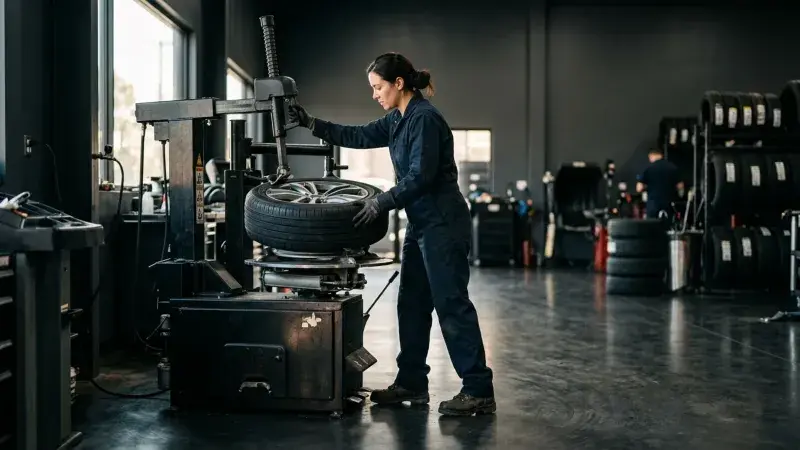Technician mounting and balancing a tire at FastLane Mechanics in Mississauga