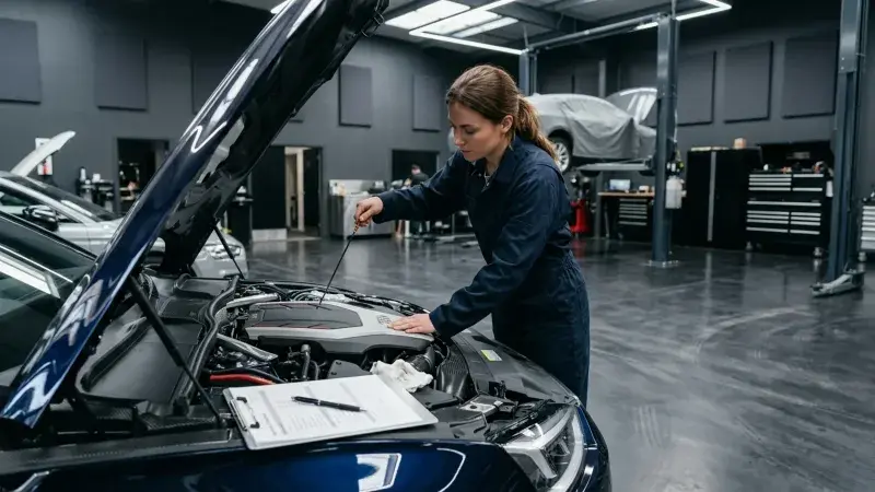 Technician performing a scheduled maintenance inspection on a vehicle at FastLane Mechanics in Mississauga