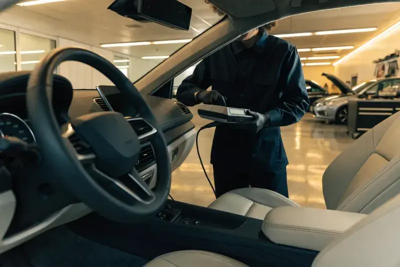 Is it safe to drive with the check engine light on: a mechanic scanning a car for fault codes in a Mississauga workshop