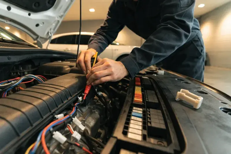 Common car electrical problems: a mechanic testing car wiring with a multimeter in a Mississauga workshop