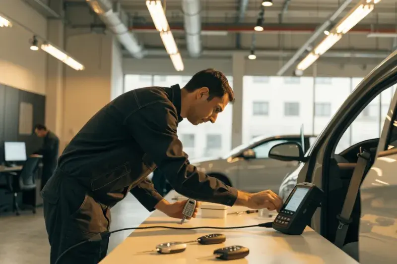Lost car key replacement: a mechanic programming a car key fob in a Mississauga workshop