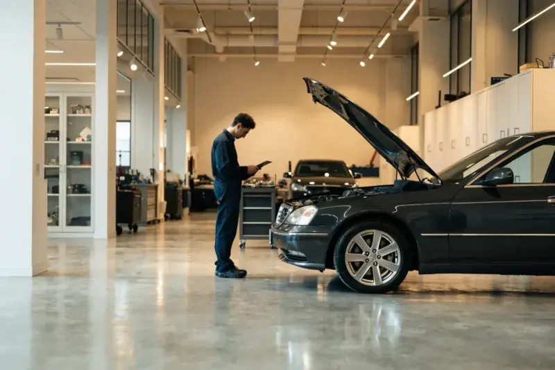 Service your Lexus at the dealer or independently: a technician reviewing service records beside a luxury sedan in Mississauga