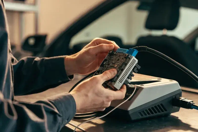 What is PCM cloning: a technician connecting a car engine control module to a programming device in a Mississauga workshop
