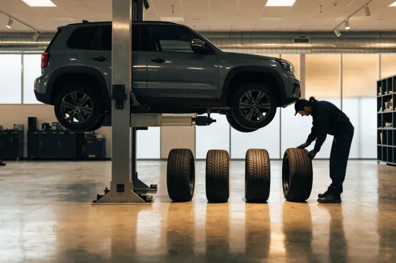 Why Subaru tires must match: four matching tires beside an all wheel drive vehicle in a Mississauga workshop