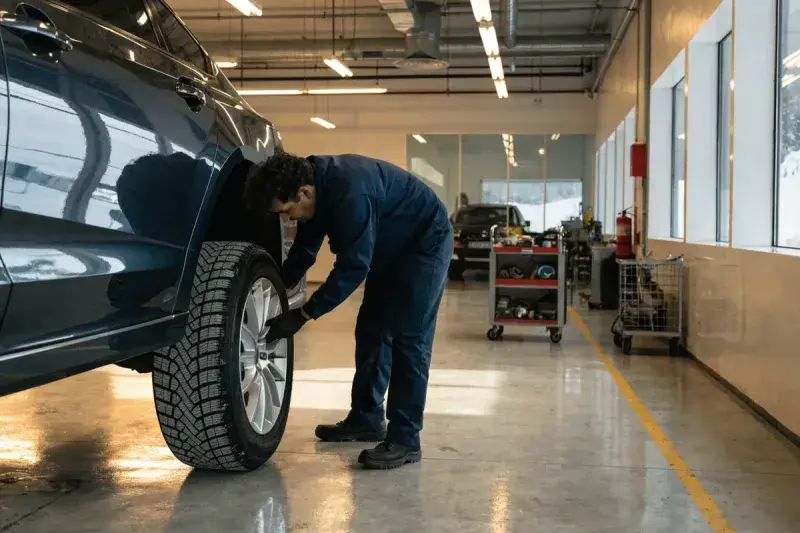 Winter car maintenance: a mechanic fitting a winter tire to a car in a Mississauga workshop