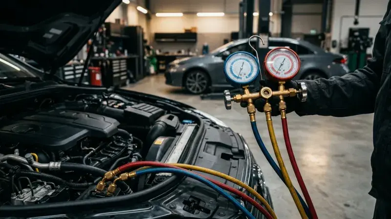 AC manifold gauge set connected to a vehicle air conditioning system in an open engine bay at FastLane Mechanics in Mississauga