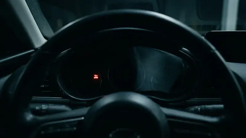 Red security immobilizer warning light lit on a darkened vehicle dashboard