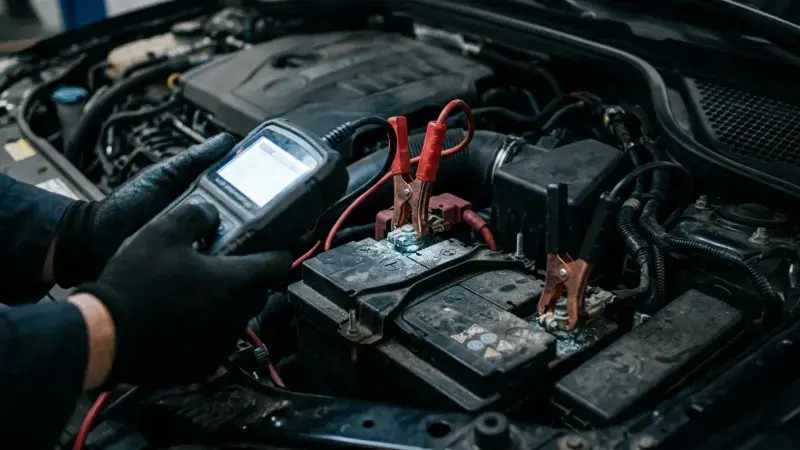 Battery tester clamps on the terminals of a car battery in an open engine bay at FastLane Mechanics in Mississauga