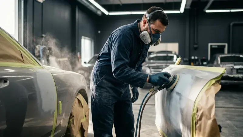 Technician sanding a masked car body panel before refinishing at FastLane Mechanics in Mississauga