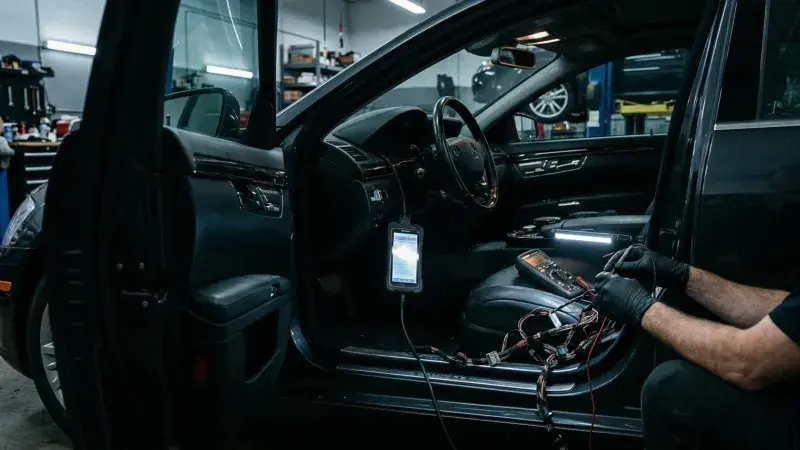 Technician probing a door wiring harness with a multimeter beside a diagnostic scan tool at FastLane Mechanics in Mississauga