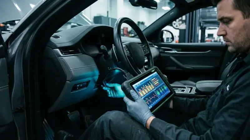 Technician reading live engine data on a diagnostic scan tool inside a vehicle at FastLane Mechanics in Mississauga
