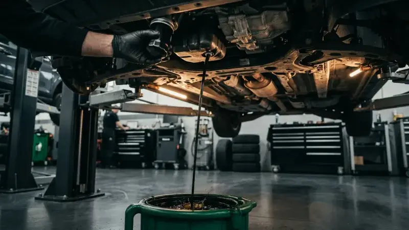 Used engine oil draining from the sump into a pan beneath a raised vehicle at FastLane Mechanics in Mississauga