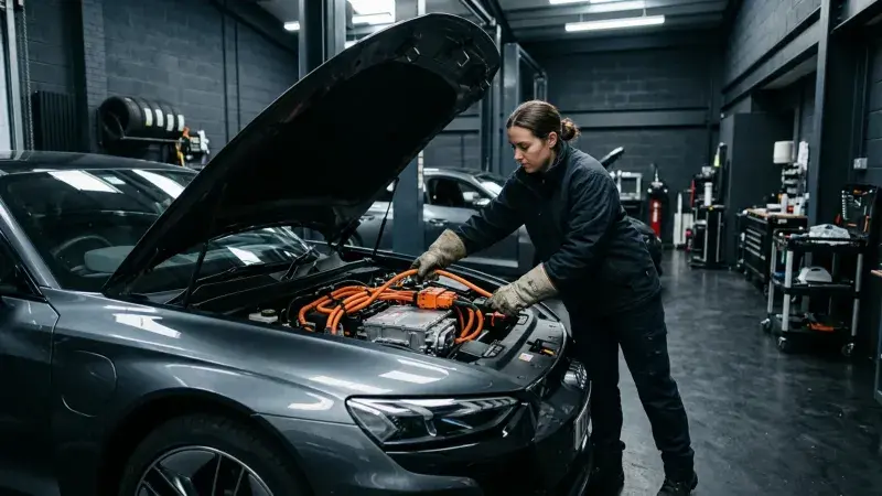 Technician working on an electric vehicle with orange high-voltage cabling visible under the front service panel at FastLane Mechanics in Mississauga