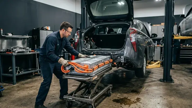 Hybrid battery pack on a lift table being withdrawn from the rear of a vehicle at FastLane Mechanics in Mississauga