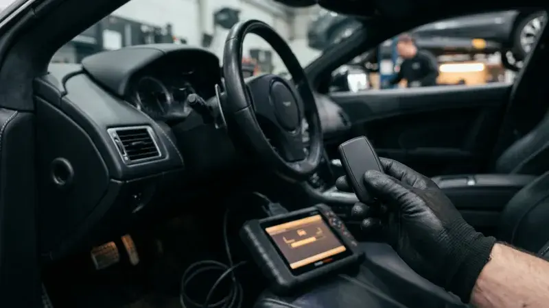 Technician holding a smart key fob beside a key programming tool inside a vehicle at FastLane Mechanics in Mississauga