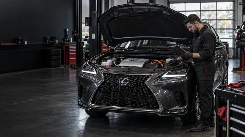 Technician servicing a Lexus hybrid powertrain at FastLane Mechanics in Mississauga