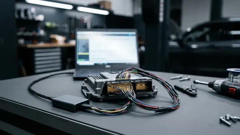 Powertrain control module on a workbench wired to a laptop and programming interface at FastLane Mechanics in Mississauga