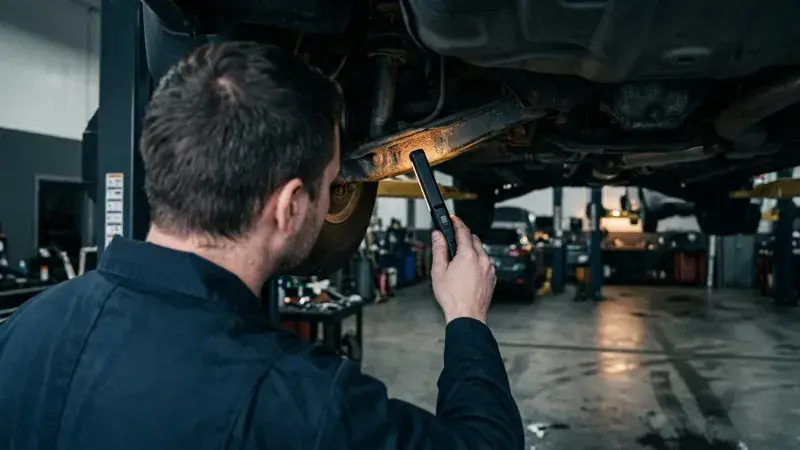 Technician aiming an inspection light along the underbody of a used car during a pre-purchase inspection at FastLane Mechanics in Mississauga