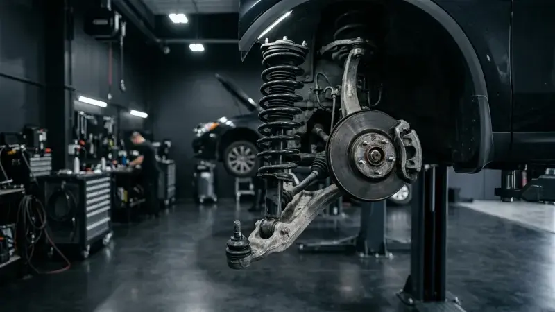 Front suspension with the wheel removed, showing the strut, coil spring, control arm and brake disc at FastLane Mechanics in Mississauga