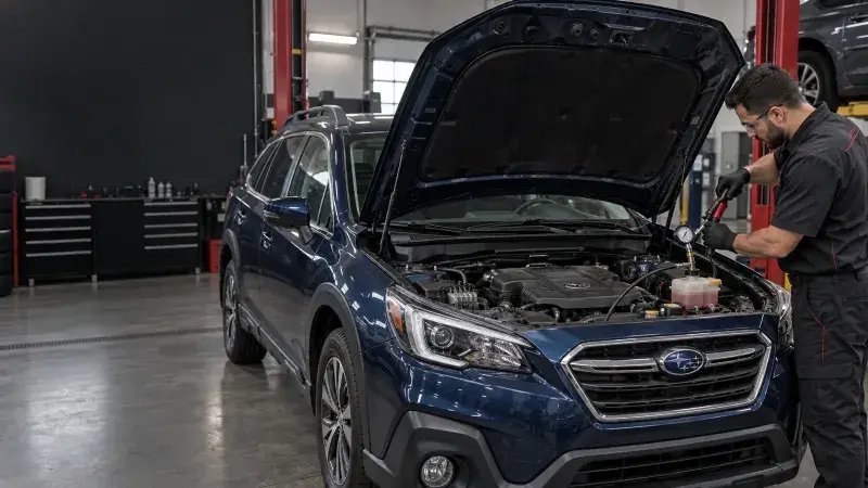 Technician pressure testing the cooling system on a Subaru boxer engine at FastLane Mechanics in Mississauga