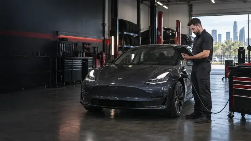 Technician connecting a diagnostic scan tool to a Tesla at FastLane Mechanics in Mississauga