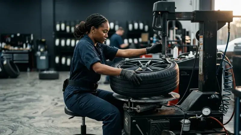 Technician seating a new tire onto an alloy wheel on a tire changing machine at FastLane Mechanics in Mississauga