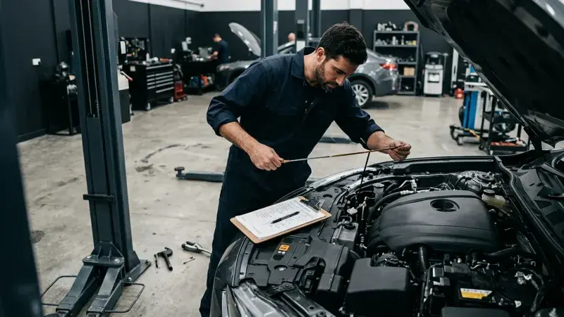 Technician reading the dipstick over an open engine bay with a service checklist alongside at FastLane Mechanics in Mississauga
