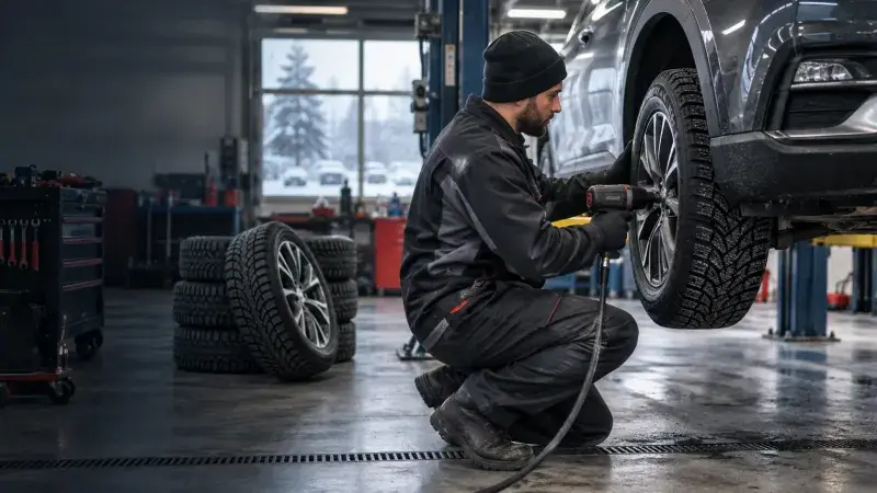 Technician installing winter tires at FastLane Mechanics in Mississauga